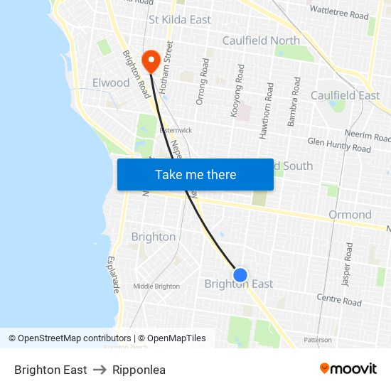 Brighton East to Ripponlea map