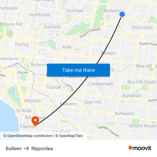 Bulleen to Ripponlea map