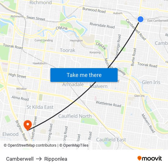 Camberwell to Ripponlea map