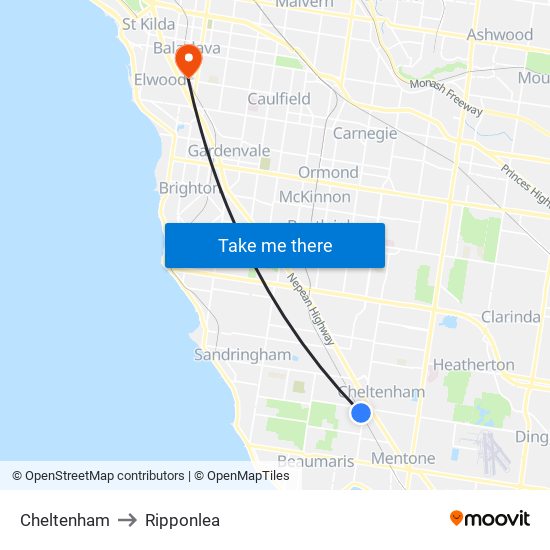 Cheltenham to Ripponlea map