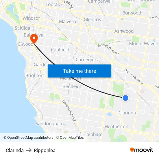 Clarinda to Ripponlea map