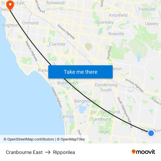 Cranbourne East to Ripponlea map