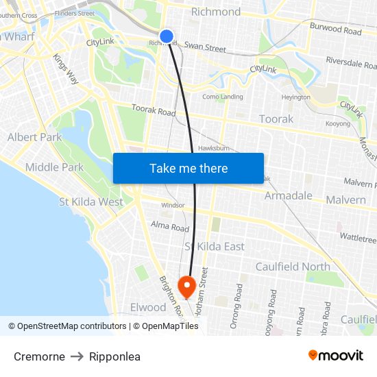 Cremorne to Ripponlea map