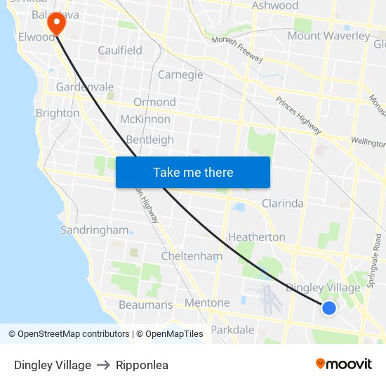 Dingley Village to Ripponlea map