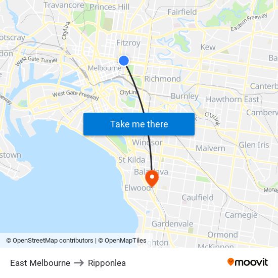 East Melbourne to Ripponlea map