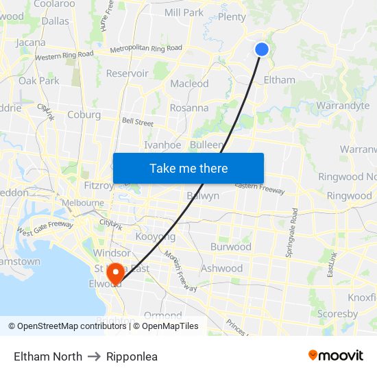 Eltham North to Ripponlea map