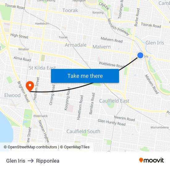 Glen Iris to Ripponlea map