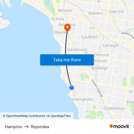 Hampton to Ripponlea map