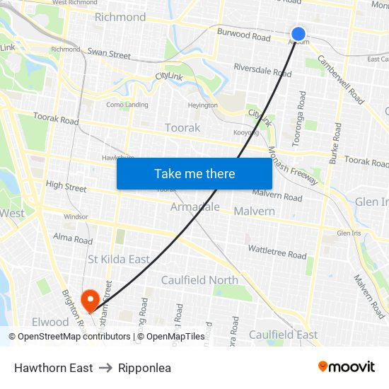 Hawthorn East to Ripponlea map