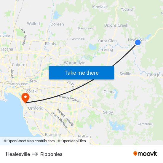 Healesville to Ripponlea map