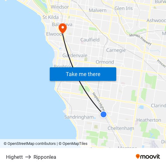 Highett to Ripponlea map