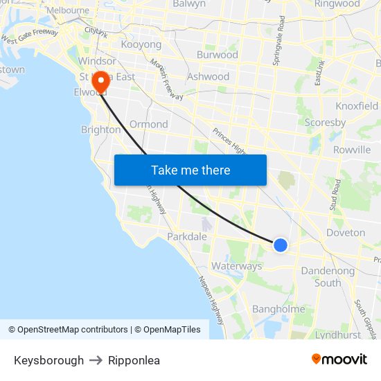 Keysborough to Ripponlea map