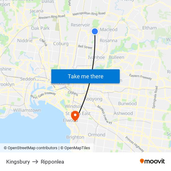 Kingsbury to Ripponlea map