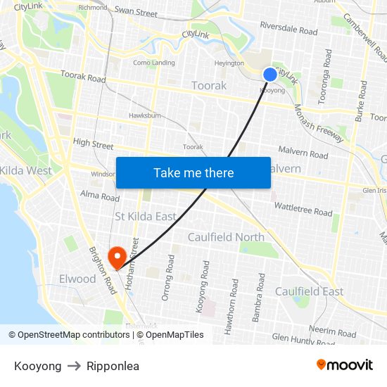 Kooyong to Ripponlea map