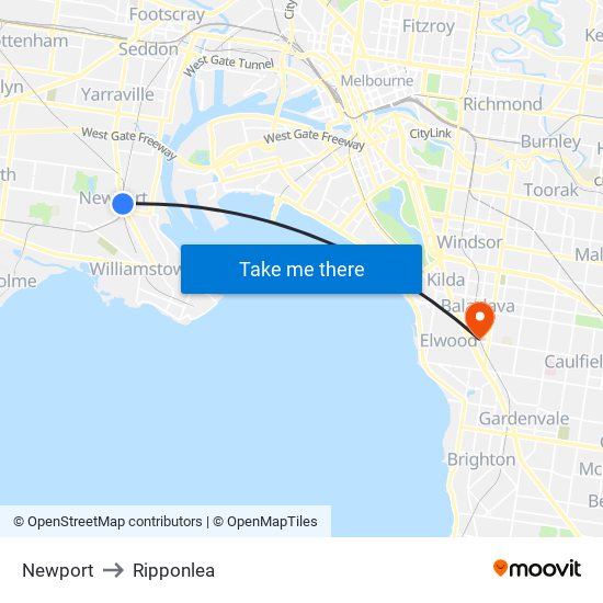 Newport to Ripponlea map