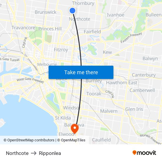 Northcote to Ripponlea map