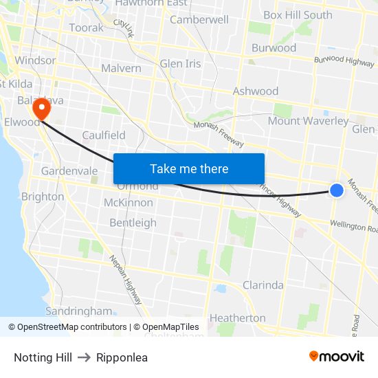 Notting Hill to Ripponlea map