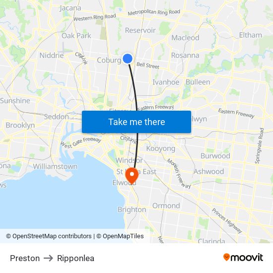 Preston to Ripponlea map