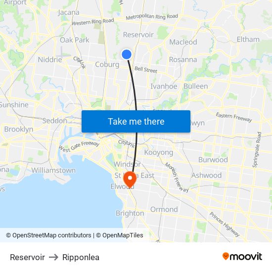 Reservoir to Ripponlea map