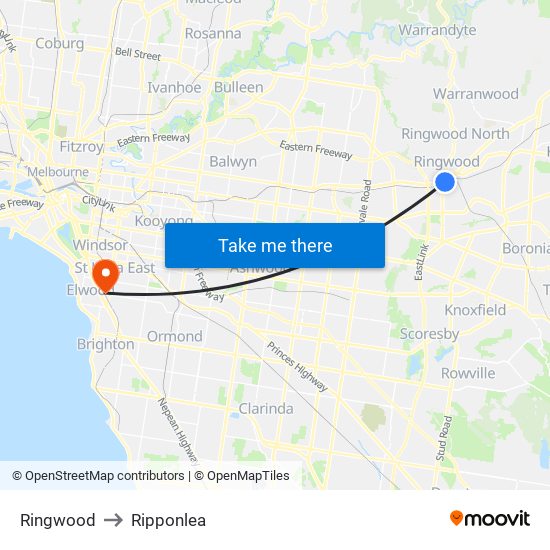 Ringwood to Ripponlea map