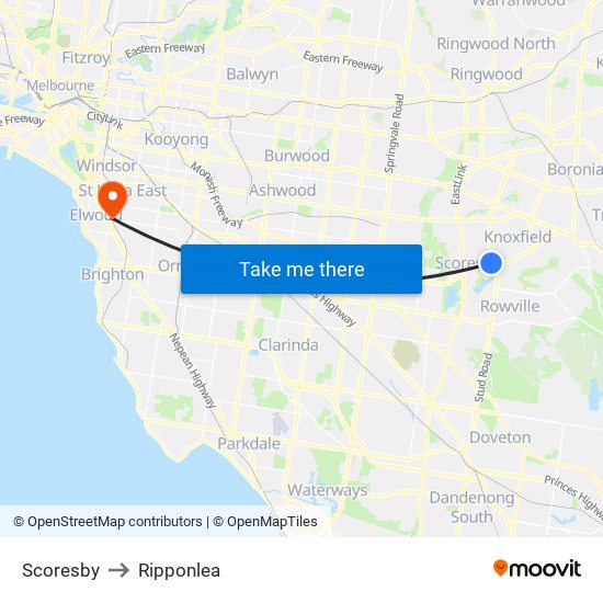 Scoresby to Ripponlea map