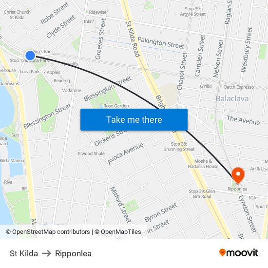 St Kilda to Ripponlea map