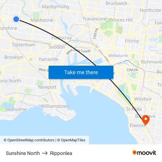 Sunshine North to Ripponlea map