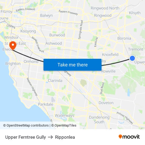 Upper Ferntree Gully to Ripponlea map