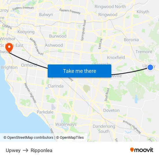 Upwey to Ripponlea map