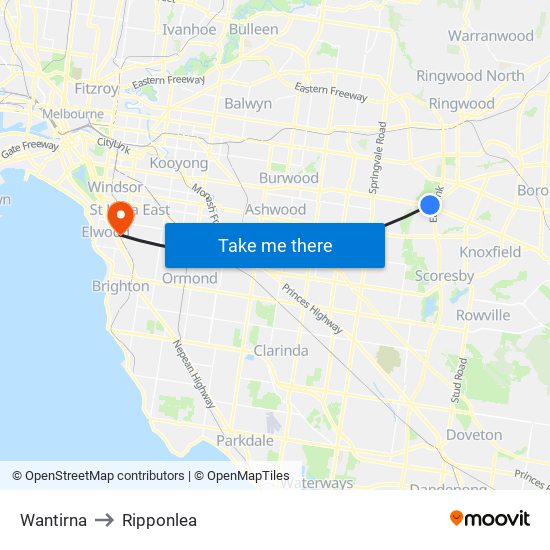 Wantirna to Ripponlea map