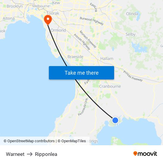 Warneet to Ripponlea map