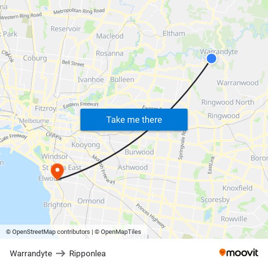 Warrandyte to Ripponlea map