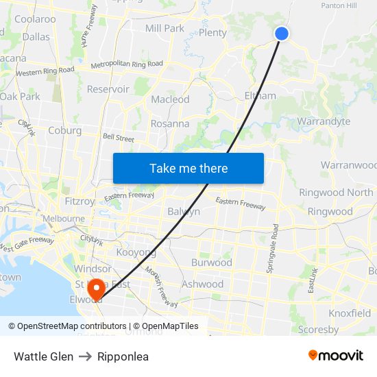 Wattle Glen to Ripponlea map