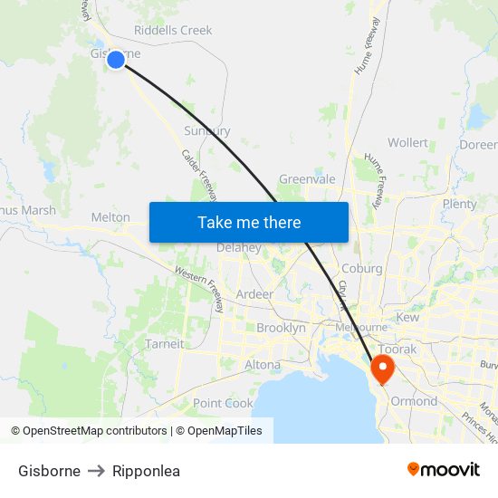 Gisborne to Ripponlea map