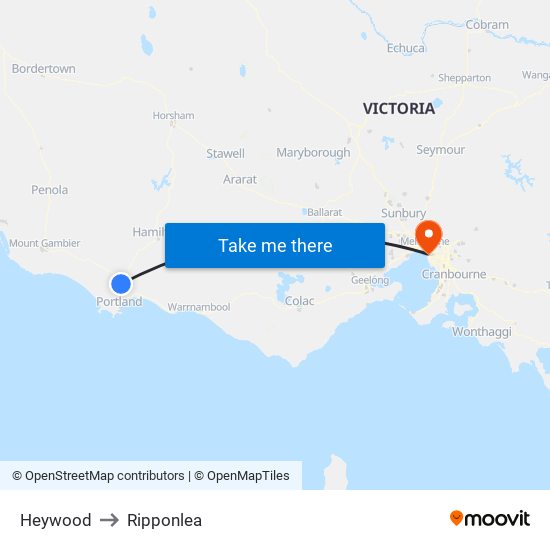 Heywood to Ripponlea map