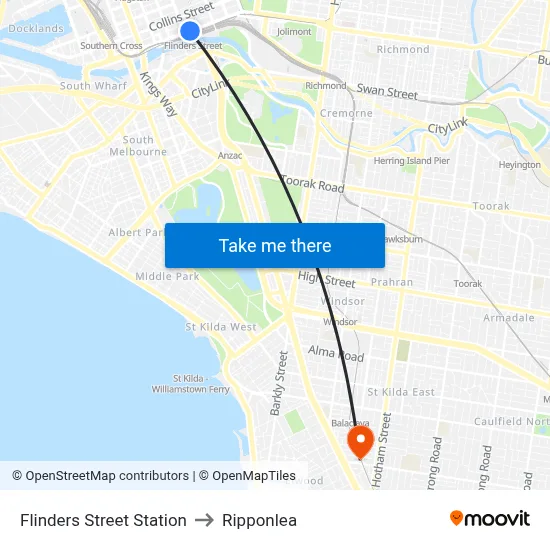 Flinders Street Station to Ripponlea map