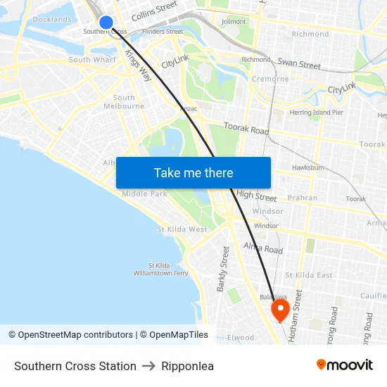 Southern Cross Station to Ripponlea map