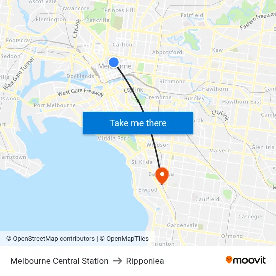 Melbourne Central Station to Ripponlea map