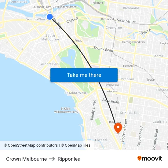 Crown Melbourne to Ripponlea map