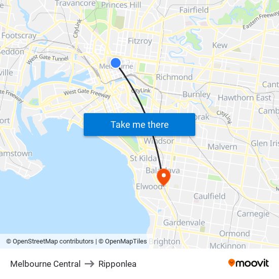 Melbourne Central to Ripponlea map