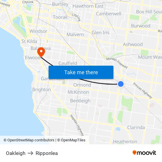 Oakleigh to Ripponlea map