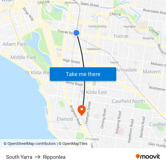 South Yarra to Ripponlea map