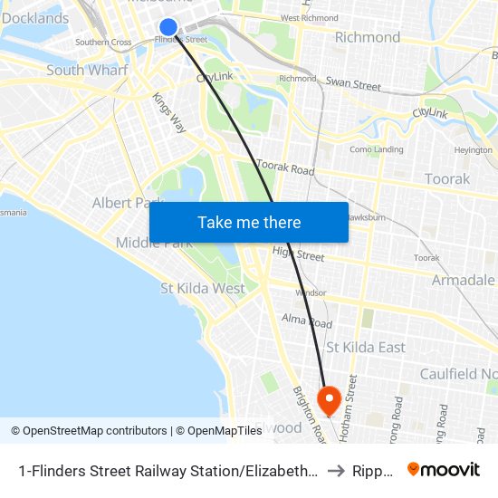 1-Flinders Street Railway Station/Elizabeth St (Melbourne City) to Ripponlea map