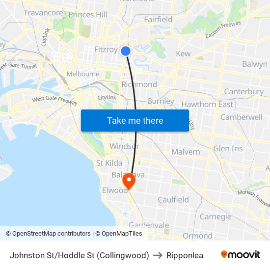 Johnston St/Hoddle St (Collingwood) to Ripponlea map