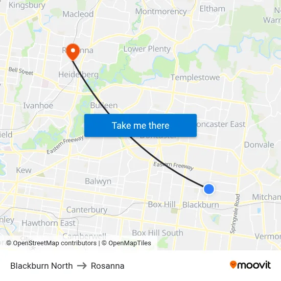 Blackburn North to Rosanna map