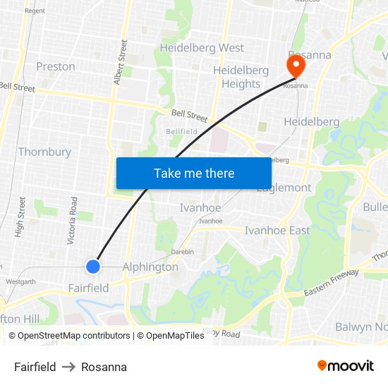 Fairfield to Rosanna map