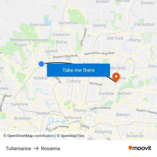 Tullamarine to Rosanna map