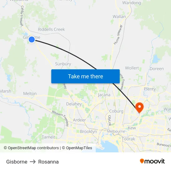 Gisborne to Rosanna map