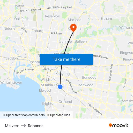 Malvern to Rosanna map