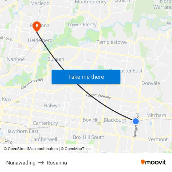 Nunawading to Rosanna map